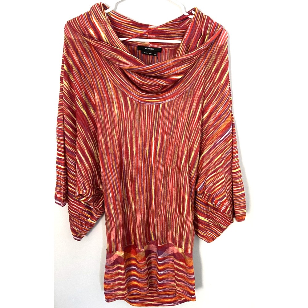 Vertigo Sweater Womens M Red Multicolor Cowl Neck Dolman Sleeve Tunic Knit NWT